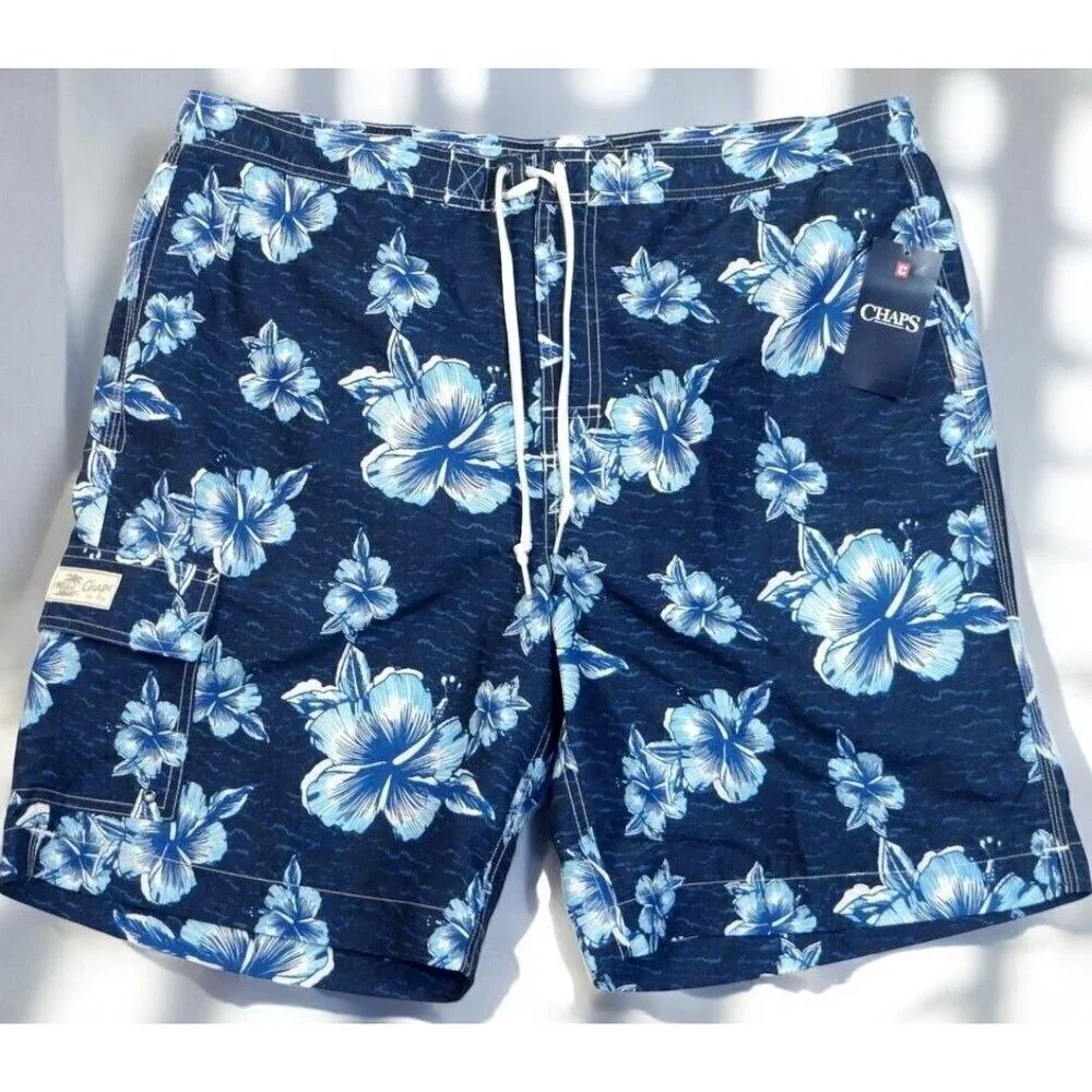 Ralph Lauren Chaps Mens Blue Floral Lined Swim Trunks Boardshorts NEW Medium